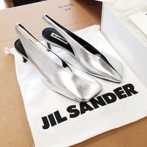 Jil Sander Square-Toe Lame Calf Leather Nikel Pumps Size 39 75mm Heel